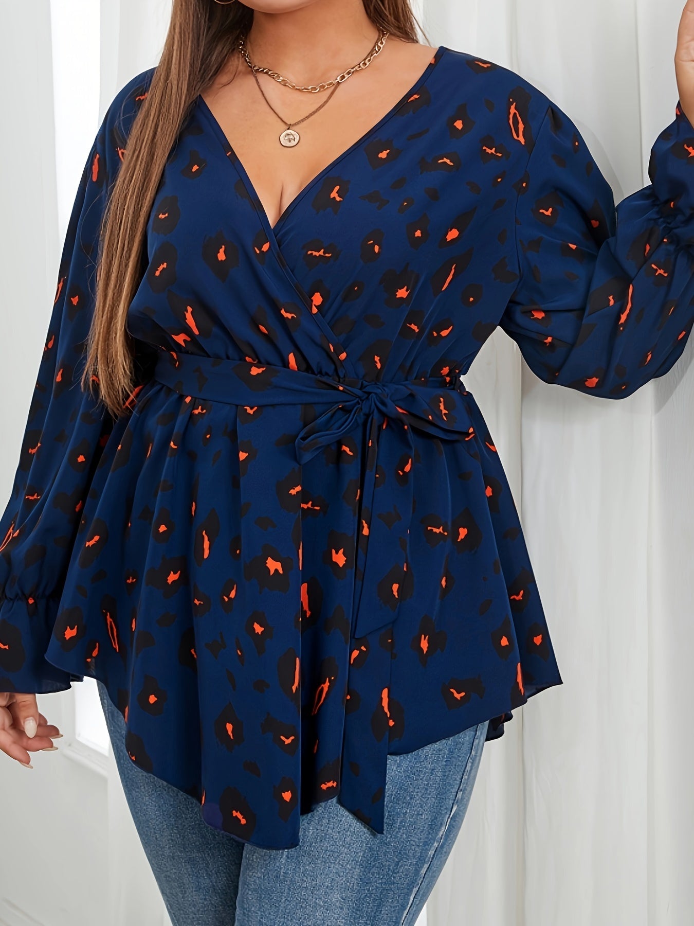  Leopard Print Lantern Sleeve Blouse with Belt