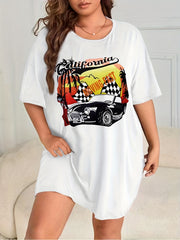  Car Print Short Sleeve Round Neck Sleep Dress