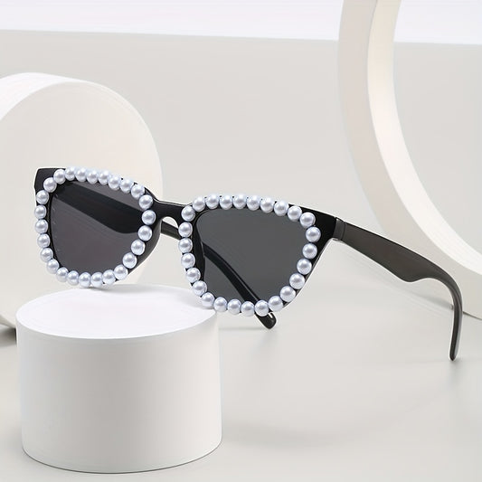 Y2K Faux Pearl Square Sunglasses Retro Anti Glare UV400