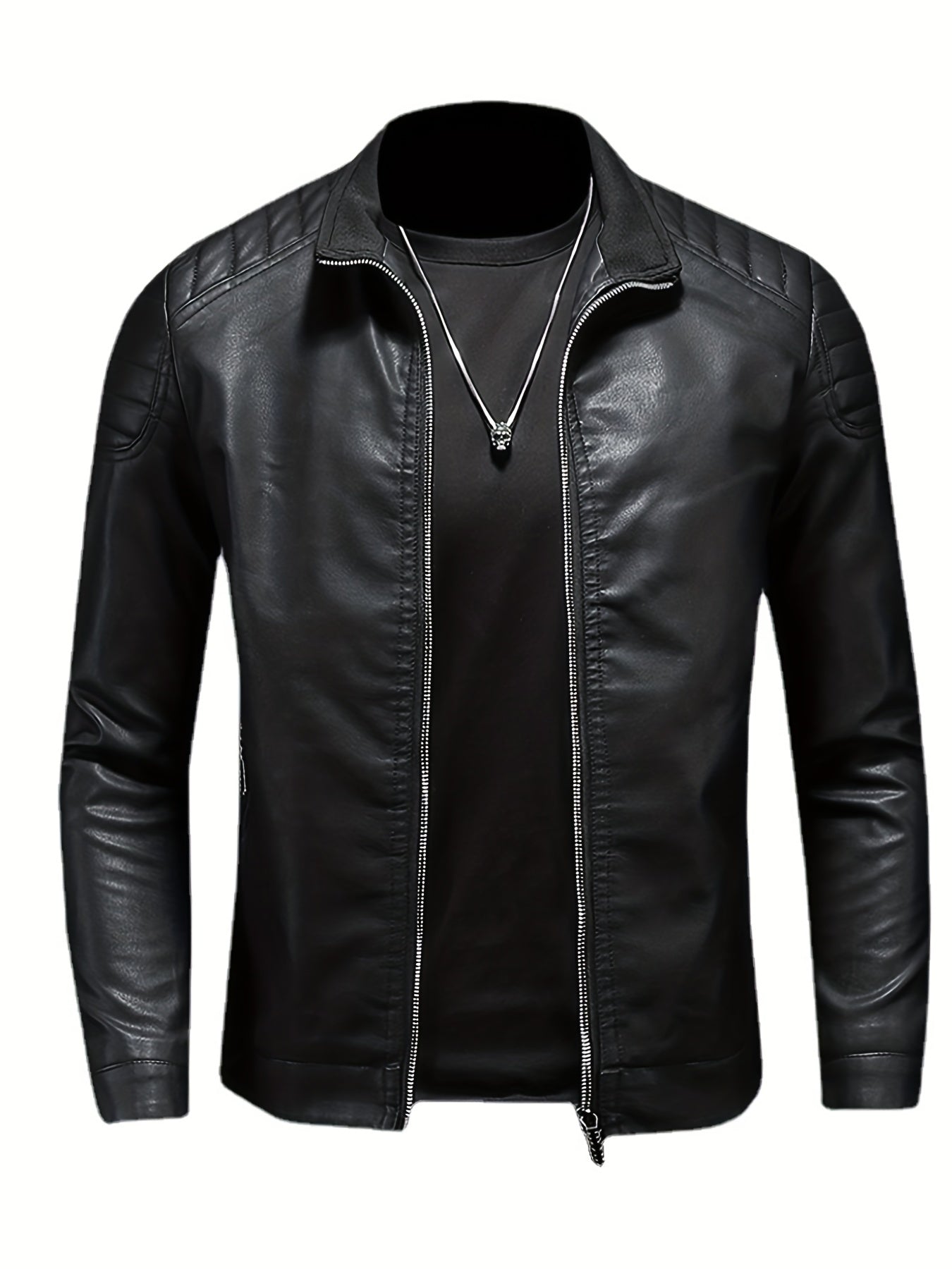 Men's Casual Faux Leather Biker Jacket Zip Up Stand Collar for Spring Fall