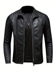 Men's Casual Faux Leather Biker Jacket Zip Up Stand Collar for Spring Fall