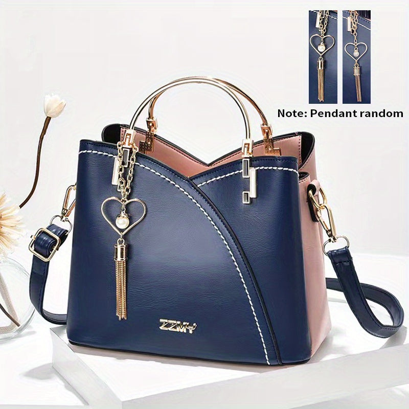 Two Tone Handbag Tassel Crossbody Bag Top Ring PU Leather Purse