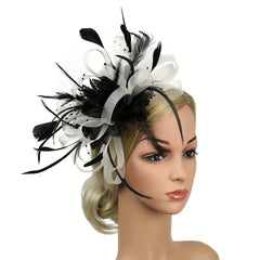Women Mesh Flower Feather Fascinator Headband With Clip