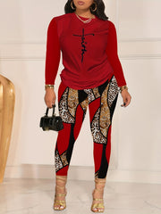  Art Letter Print Top & Baroque Leggings Set