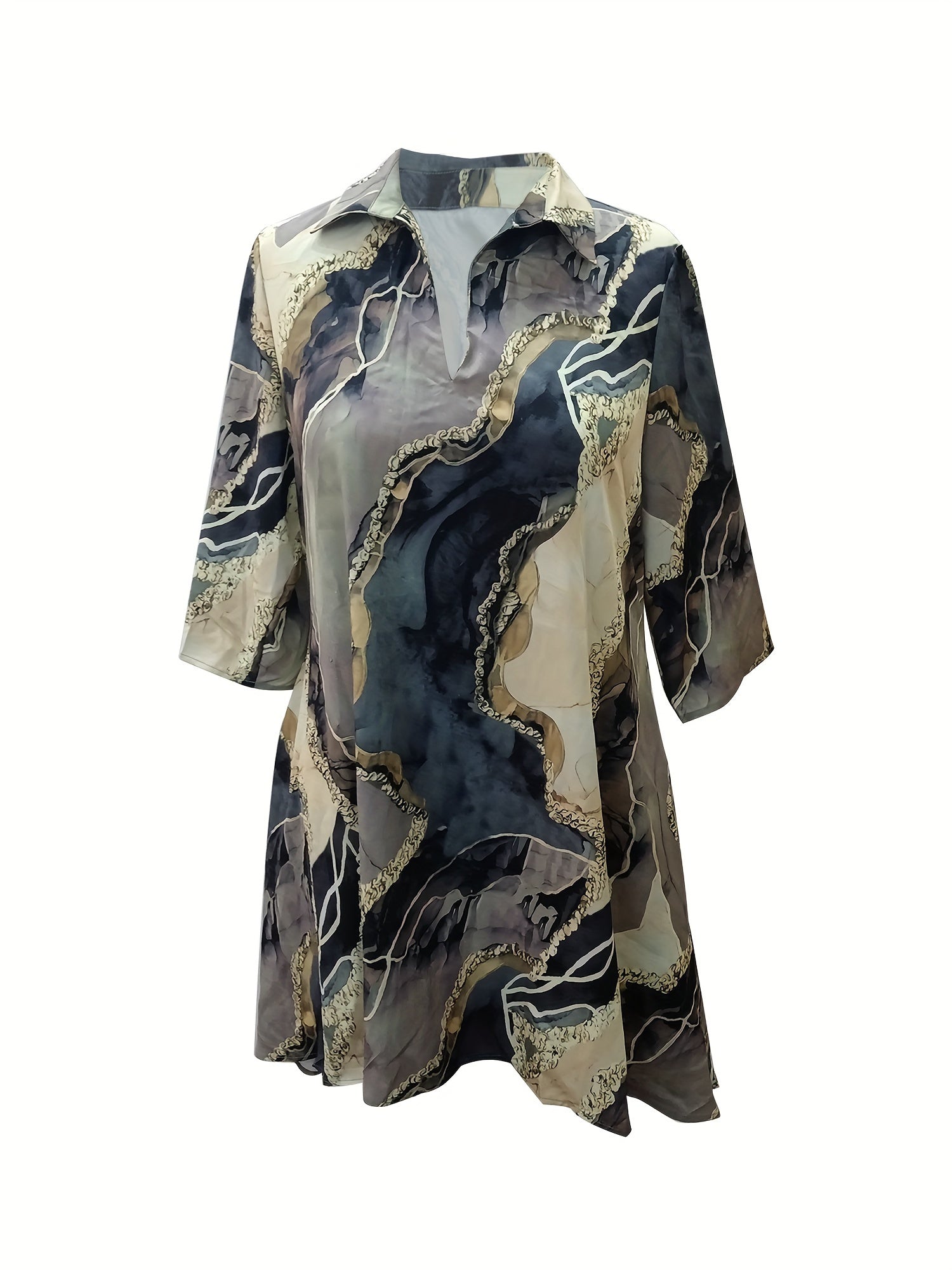  Marble Print Half Sleeve V Neck Dress With Pockets