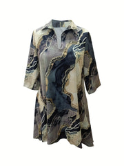  Marble Print Half Sleeve V Neck Dress With Pockets