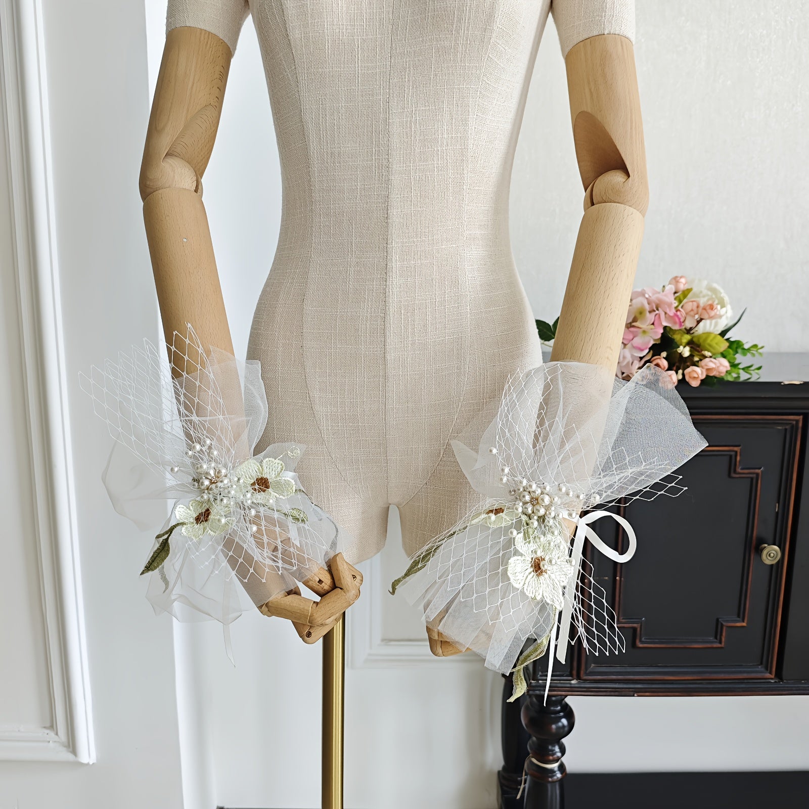 Floral Mesh Bridal Sleeve Covers with Wrist Corsage