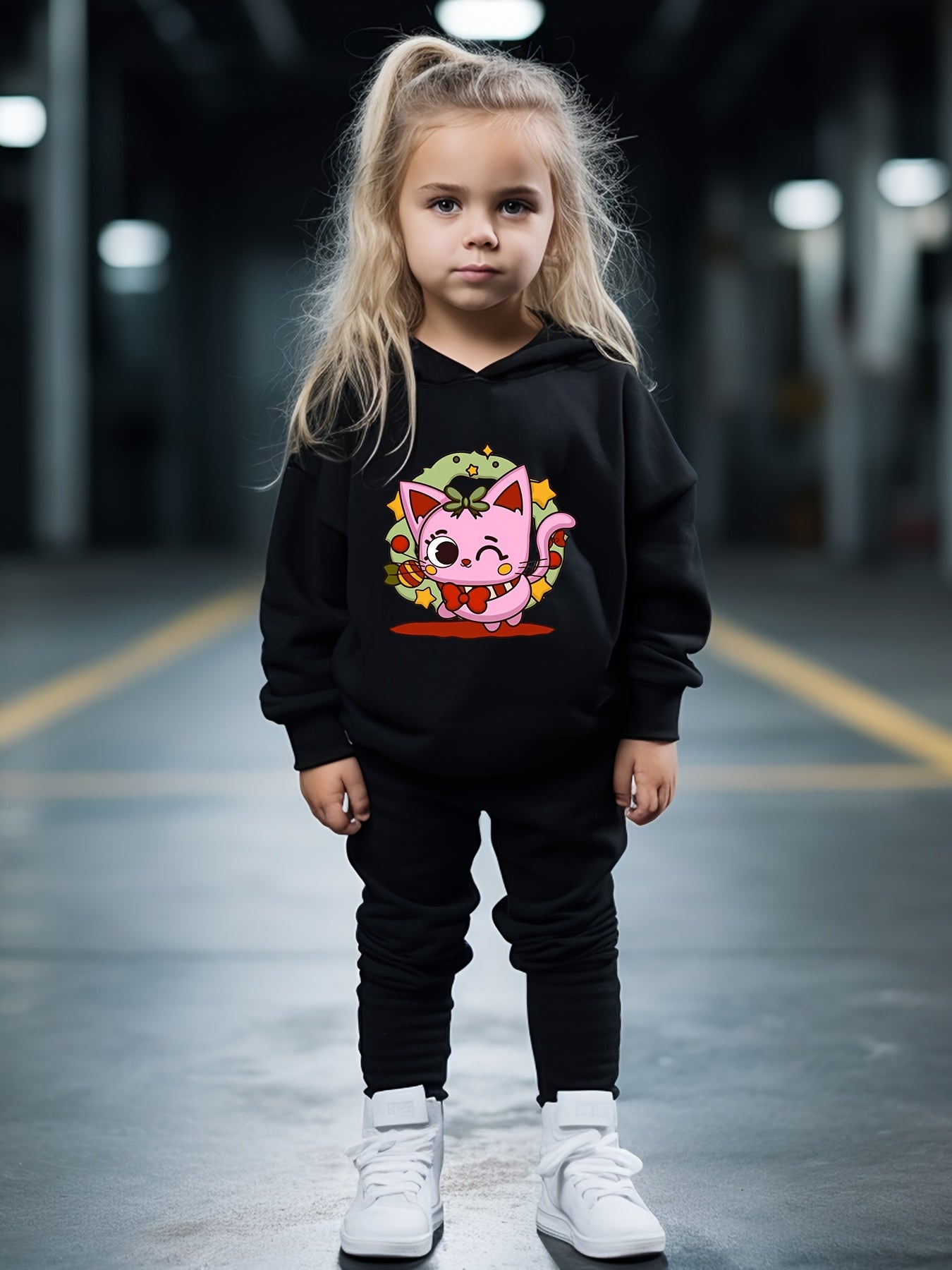 Winking Kitty Print Hoodies Pants Set For Kids Fall Sports