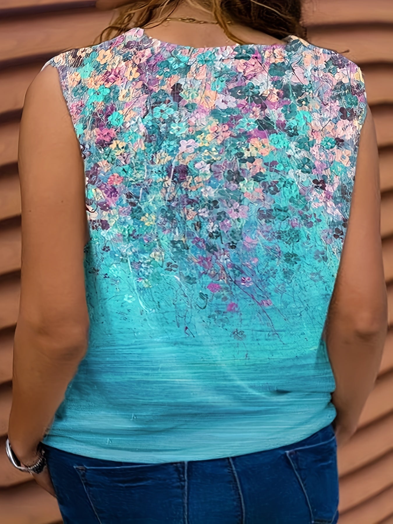  Floral Print V Neck Tank Top Medium Stretch