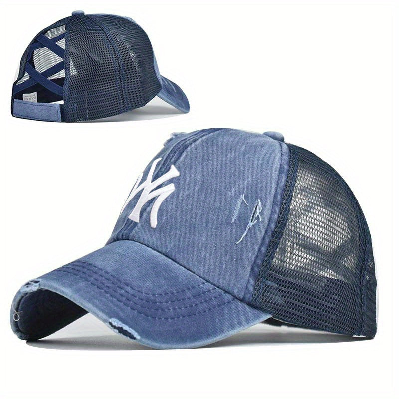 Embroidery Ponytail Trucker Hat Candy Ripped Washed Distressed Baseball Cap