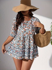  Floral Print Short Sleeve Smock Top