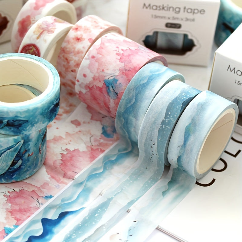 3pcs Flower Pattern Washi Paper Stickers Tape for DIY Scrapbook