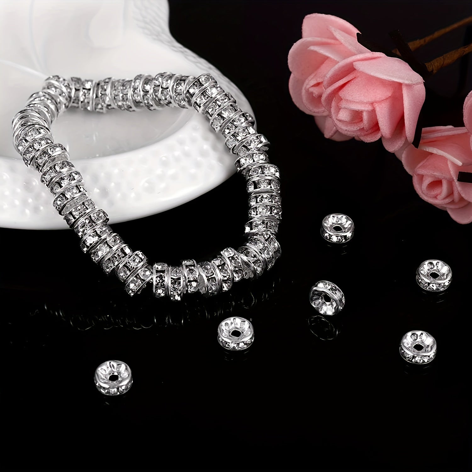 100Pcs Spacer Beads 6 8mm Silver Plated Czech Crystal Rhinestone