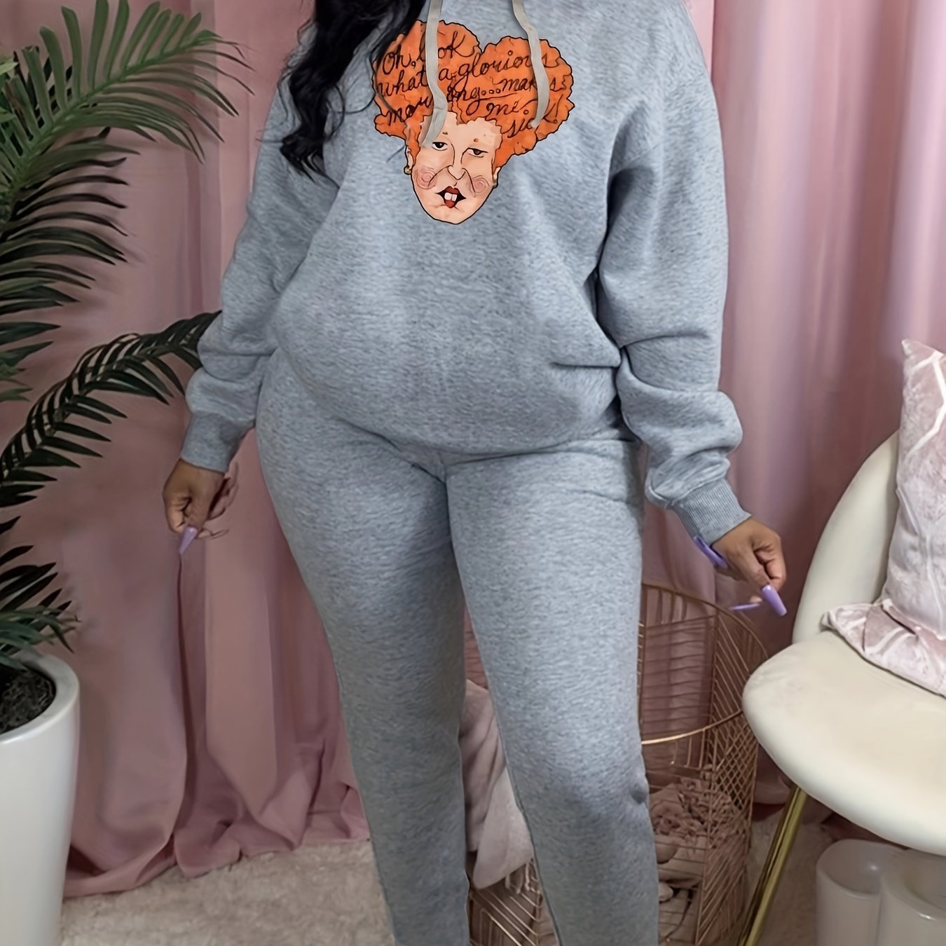  Women's Funny Cartoon Print Hooded Sweatshirt & Sweatpants Set