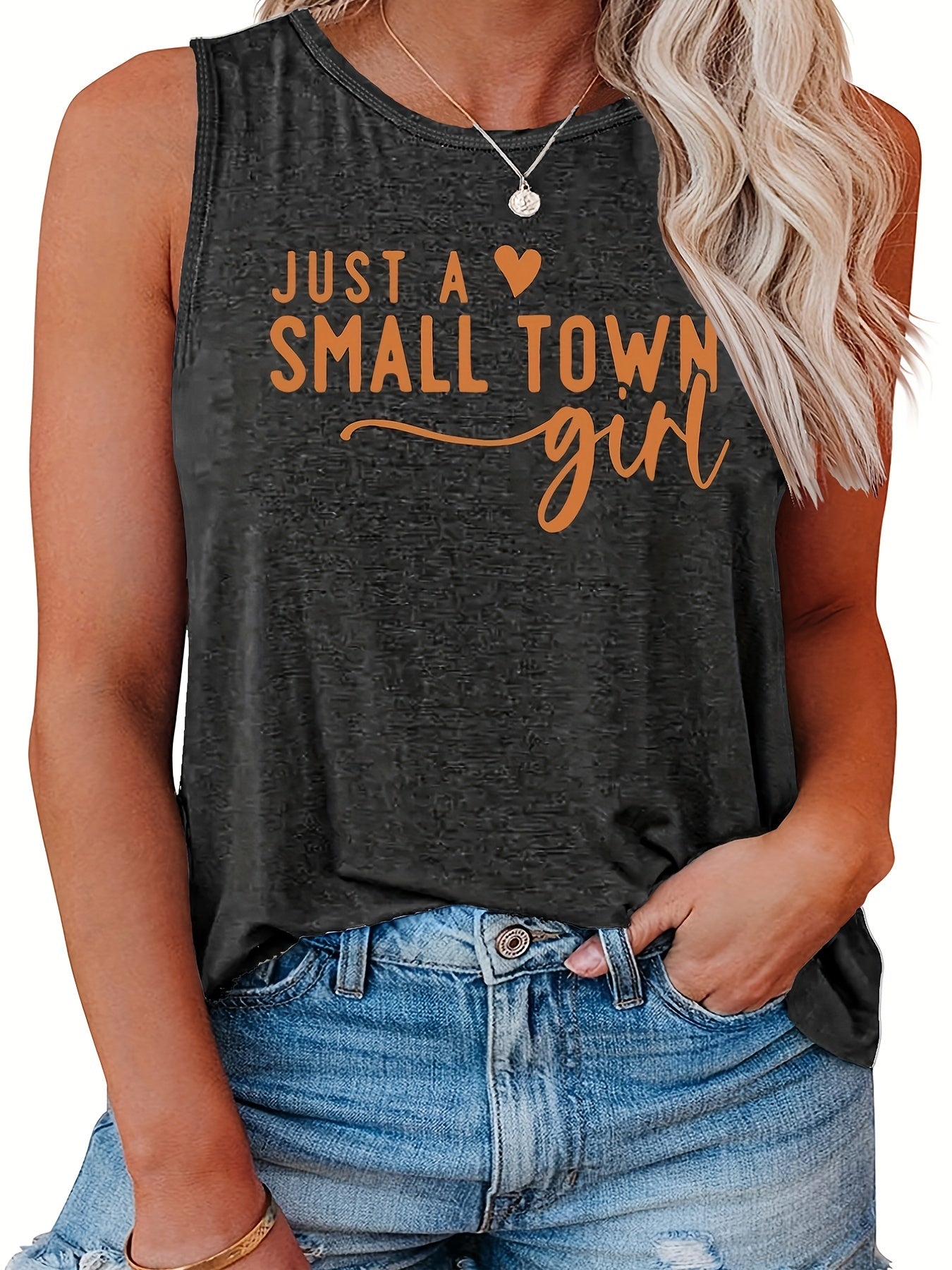  Slogan Print Tank Top Round Neck Stretch Casual Plus Women's