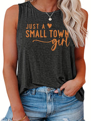  Slogan Print Tank Top Round Neck Stretch Casual Plus Women's