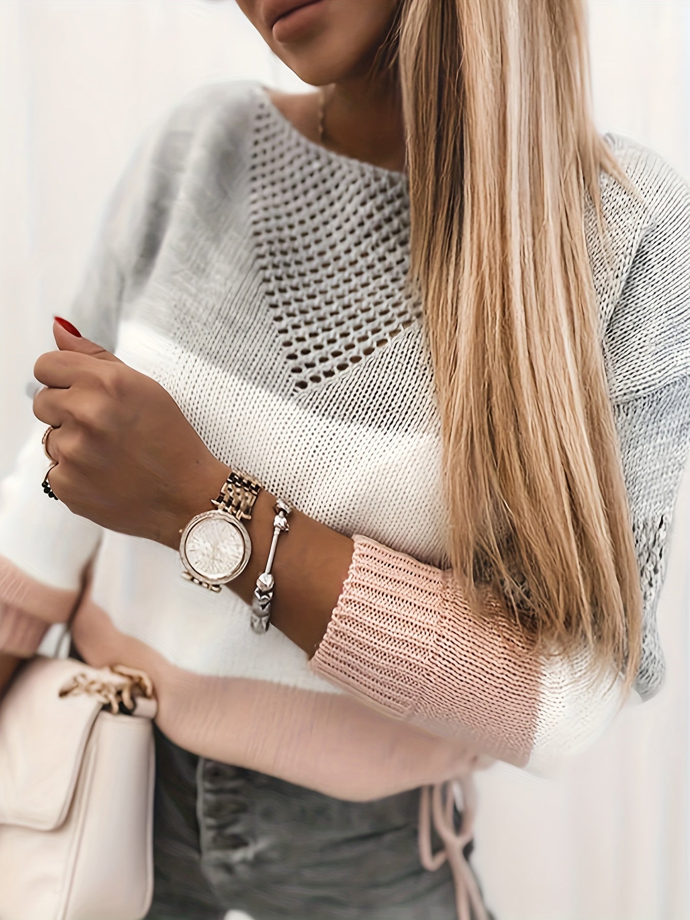  Colorblock Pointelle Drop Shoulder Sweater