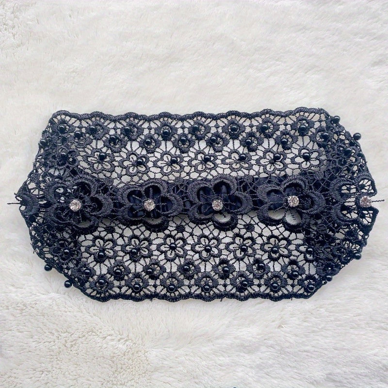Floral Lace Hair Band Retro Wide Mesh Headdress Headwear Rhinestone Decor
