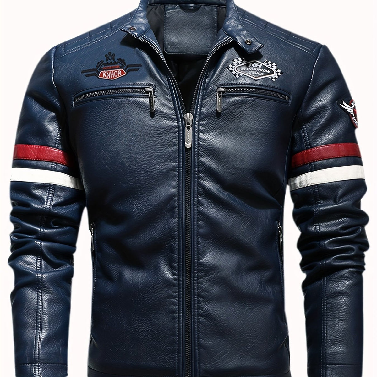 Men's Embroidery Cycling Jacket Casual Stand Collar PU Leather Zip Up Jacket