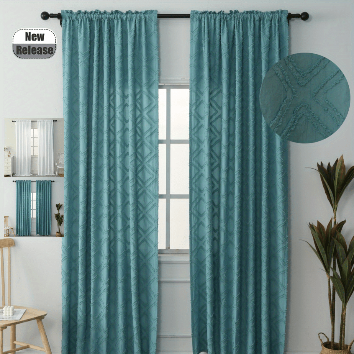 Boho Plaid Jacquard Tufted Rod Pocket Curtains Teal