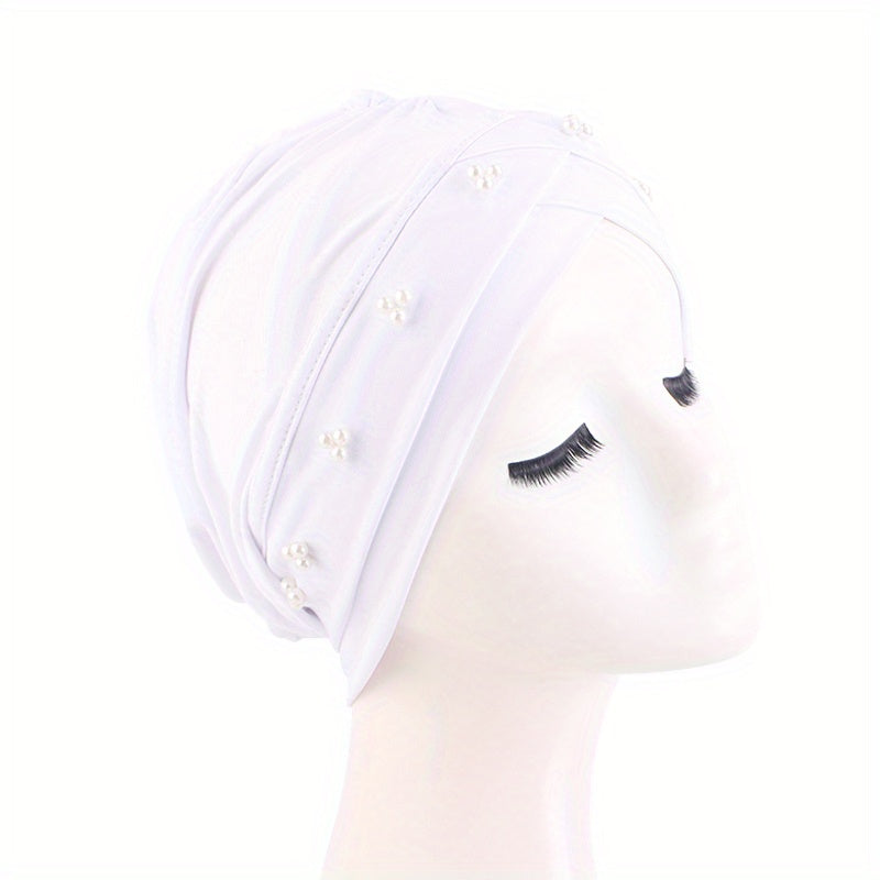 Faux Pearl Decor Turban Cap Solid Beanie Ruched Head Wrap