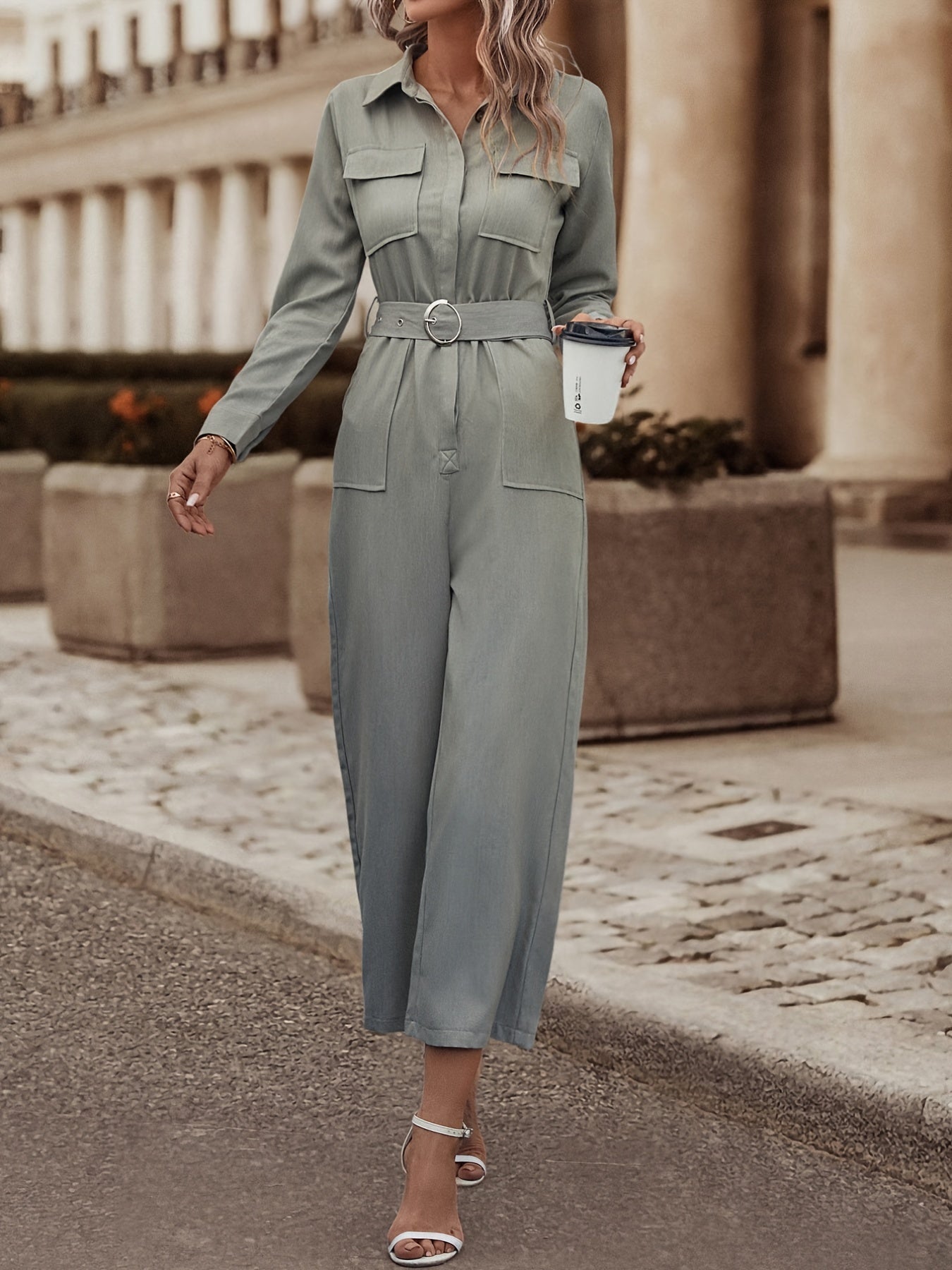 Y2K Belted Cargo Jumpsuit Tunic Long Sleeve Romper