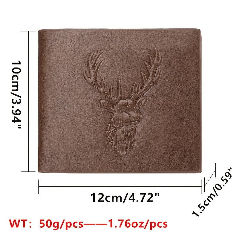 Deer Head Relief Men Leather Wallet Short Slim Male Purse