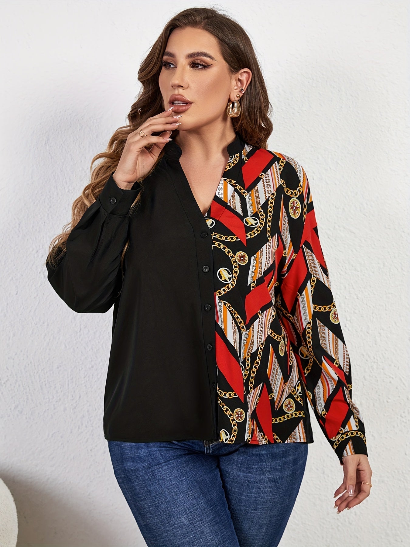  Colorblock Chain Print Long Sleeve Blouse