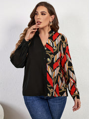  Colorblock Chain Print Long Sleeve Blouse