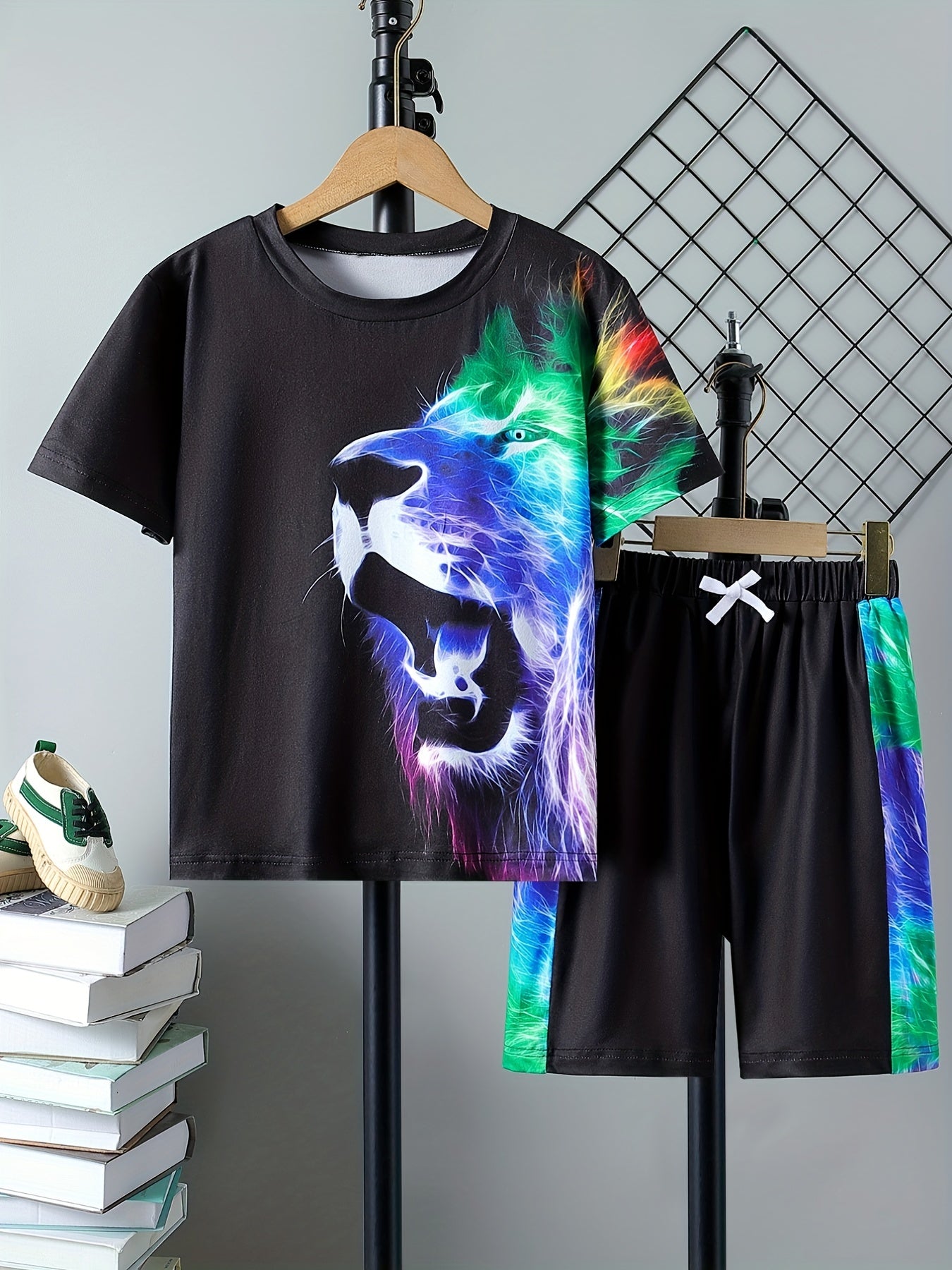 Boys 2pcs T shirt & Shorts Set 3D Lion Print Casual Outfits Kids Clothes