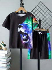 Boys 2pcs T shirt & Shorts Set 3D Lion Print Casual Outfits Kids Clothes