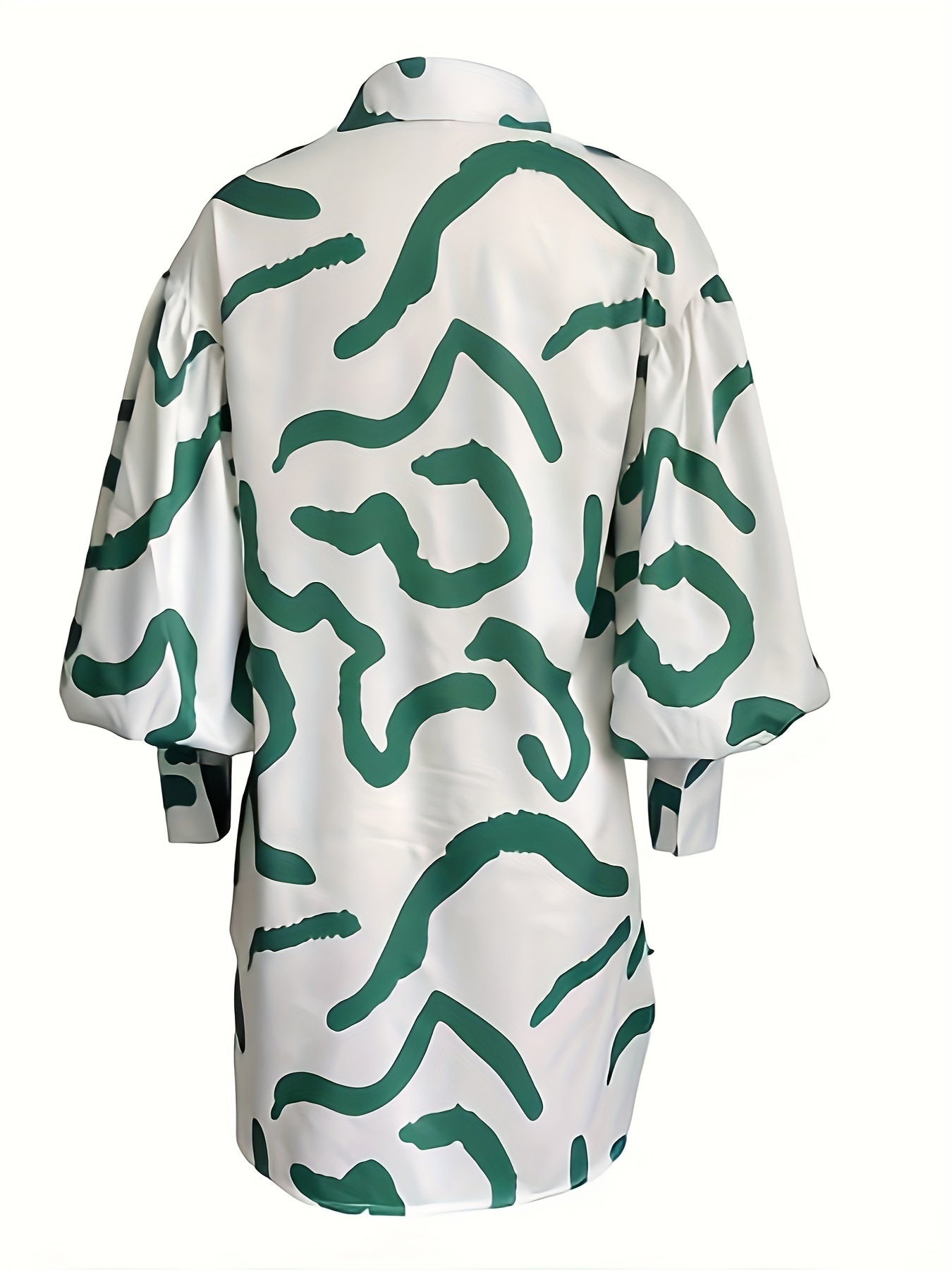  Graffiti Print Button Up Lantern Sleeve Turn Down Collar Dress