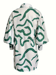  Graffiti Print Button Up Lantern Sleeve Turn Down Collar Dress