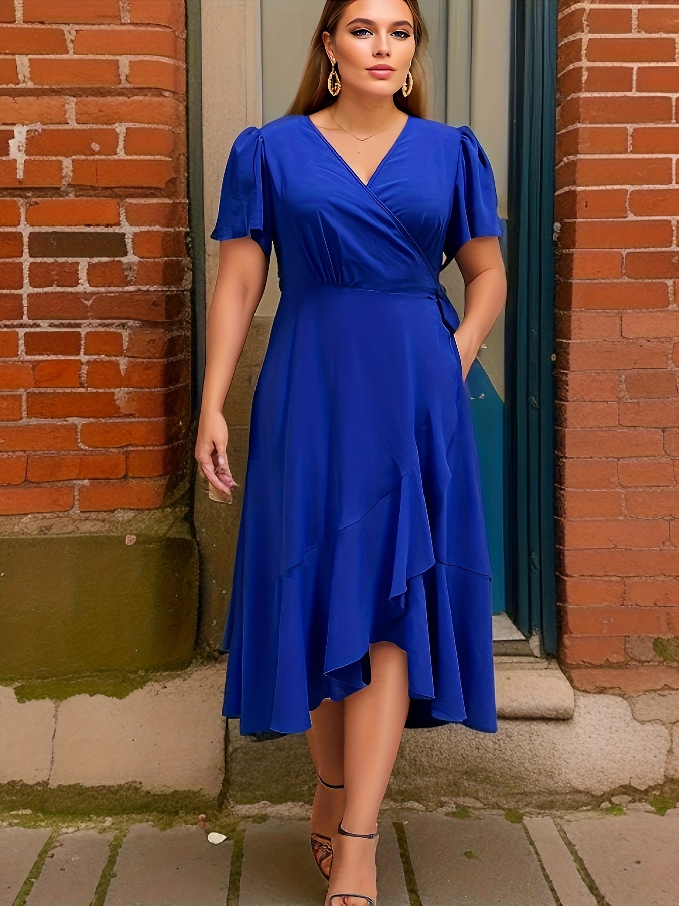  Solid Ruffle Sleeve Wrap Dress
