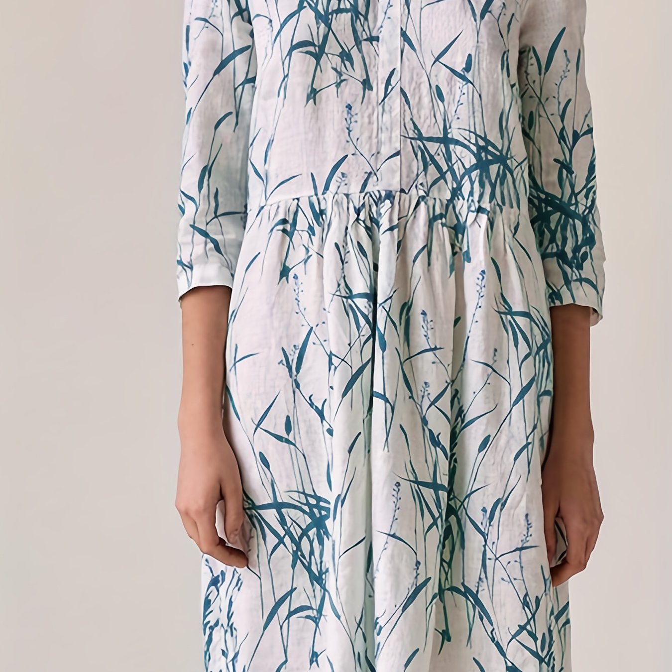 Leaf Print Half Sleeve Round Neck Dress