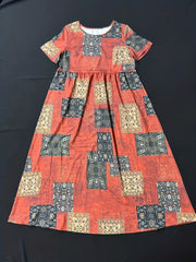 Ethnic Patchwork Print Dress Boho Crew Neck Short Sleeve Maxi Dress