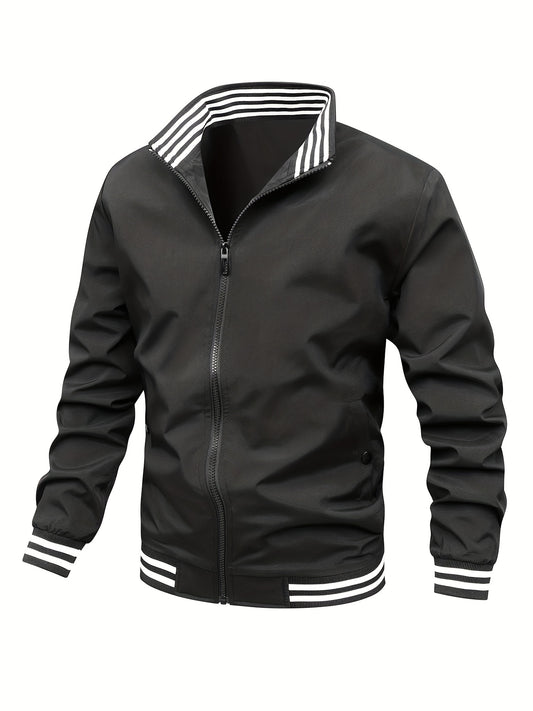 Men's Striped Zip Up Stand Collar Jacket