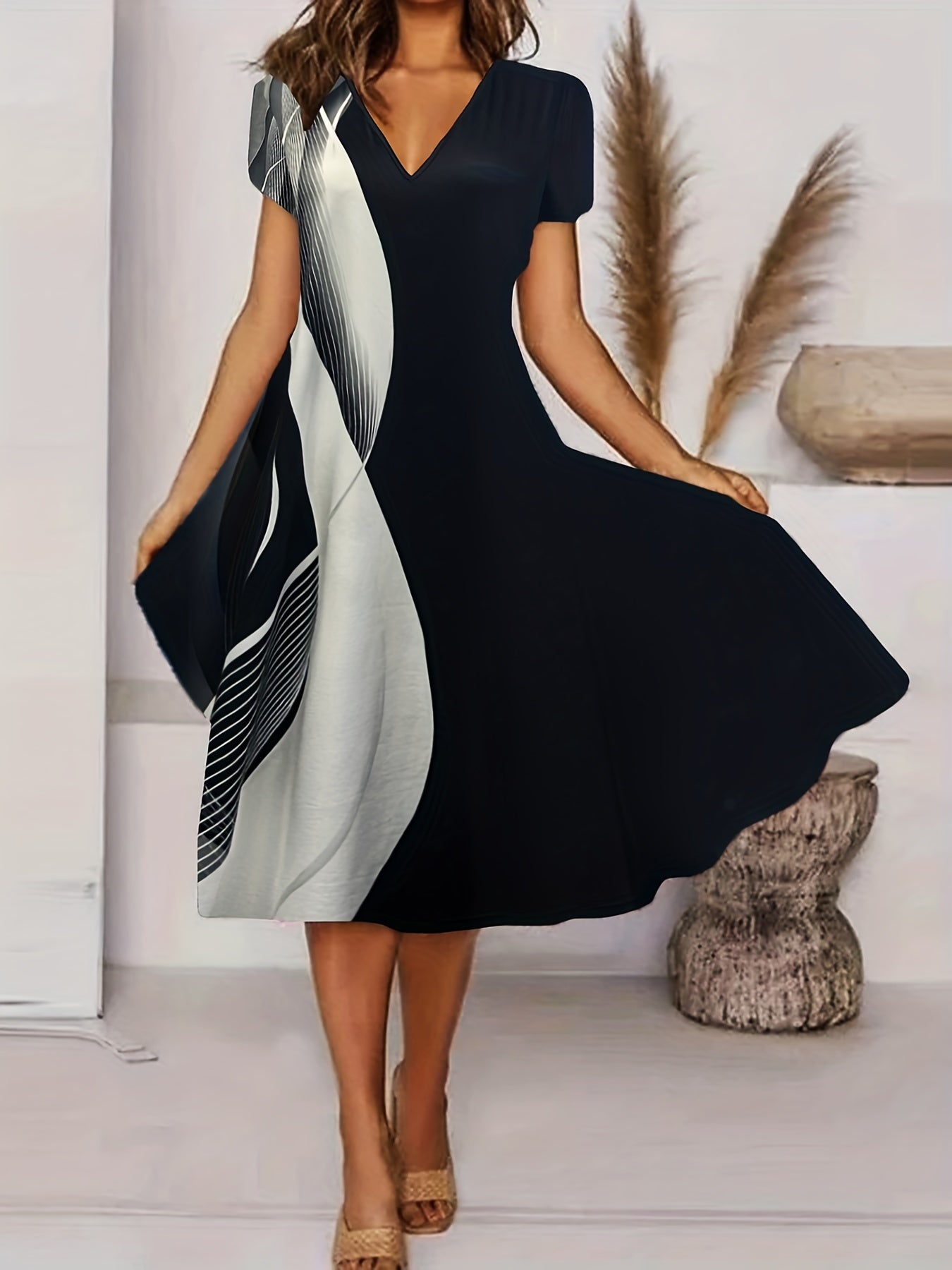  Casual Dress Women's Plus Colorblock Stripe Print Dress