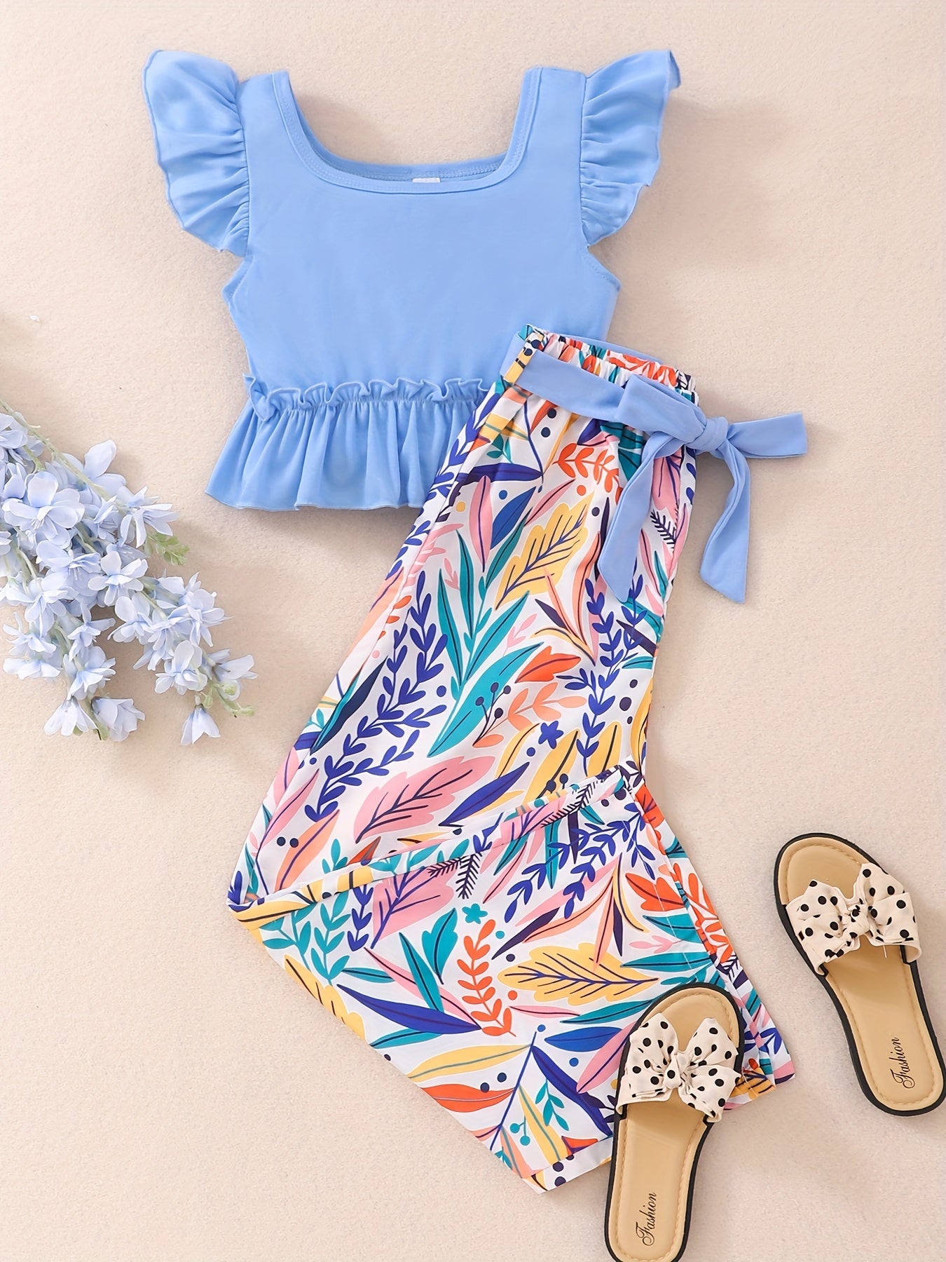 Girls Ruffle Top & Floral Print Pants 2pcs With Belt