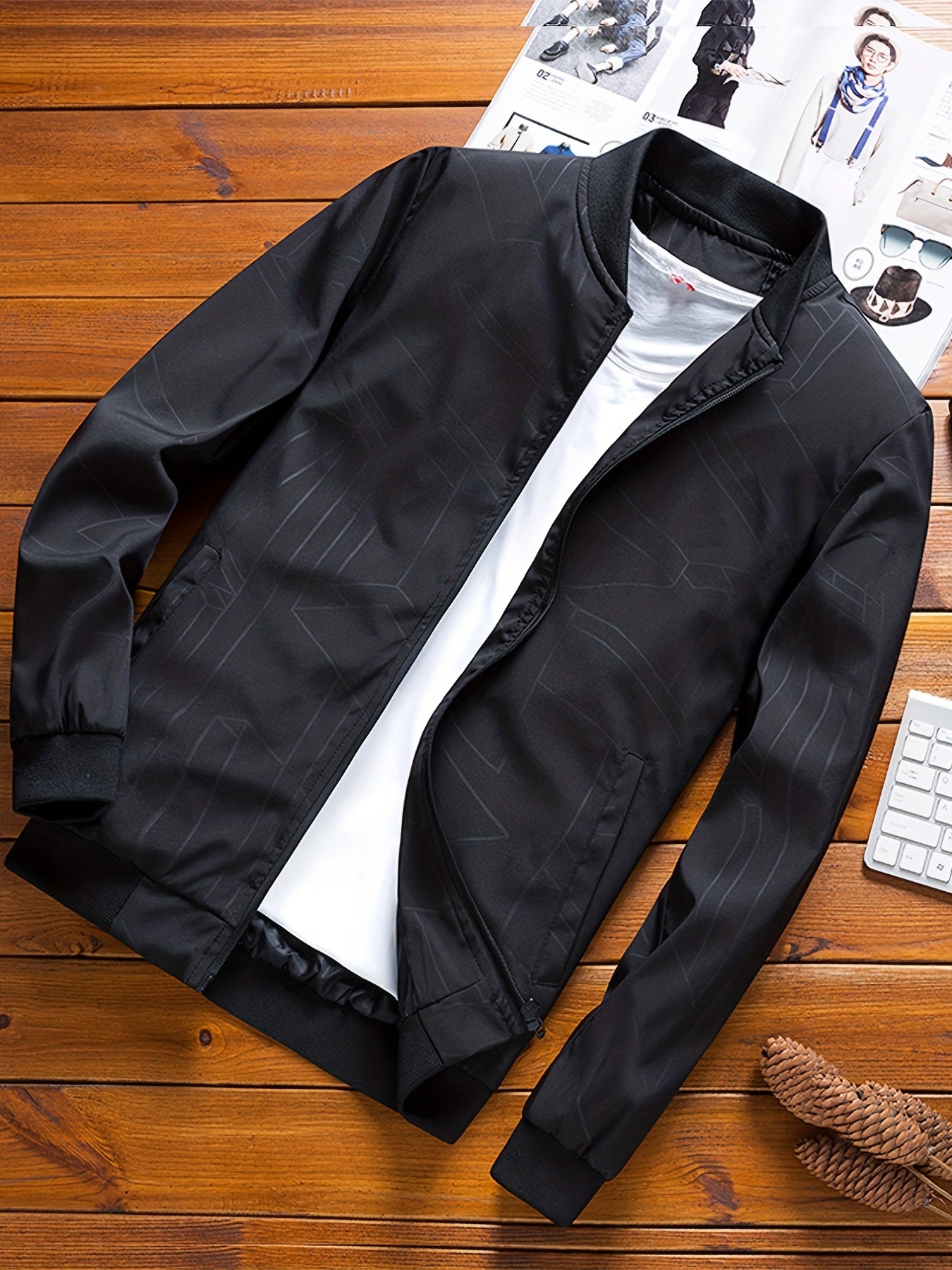Geometric Pattern Zip Up Lightweight Jacket Men's Casual Baseball Collar