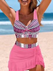  Geo Print Bikini Set Tie Front Crisscross Back & Ruched Skirt Swimsuit