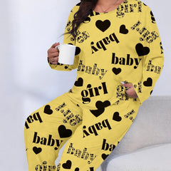  Heart & Letter Print Pajamas Set Long Sleeve Tee & Pants Lounge 2 Piec