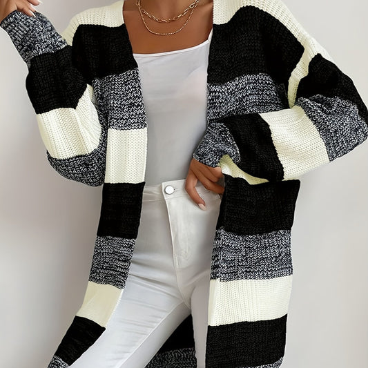  Colorblock Long Sleeve Open Front Cardigan