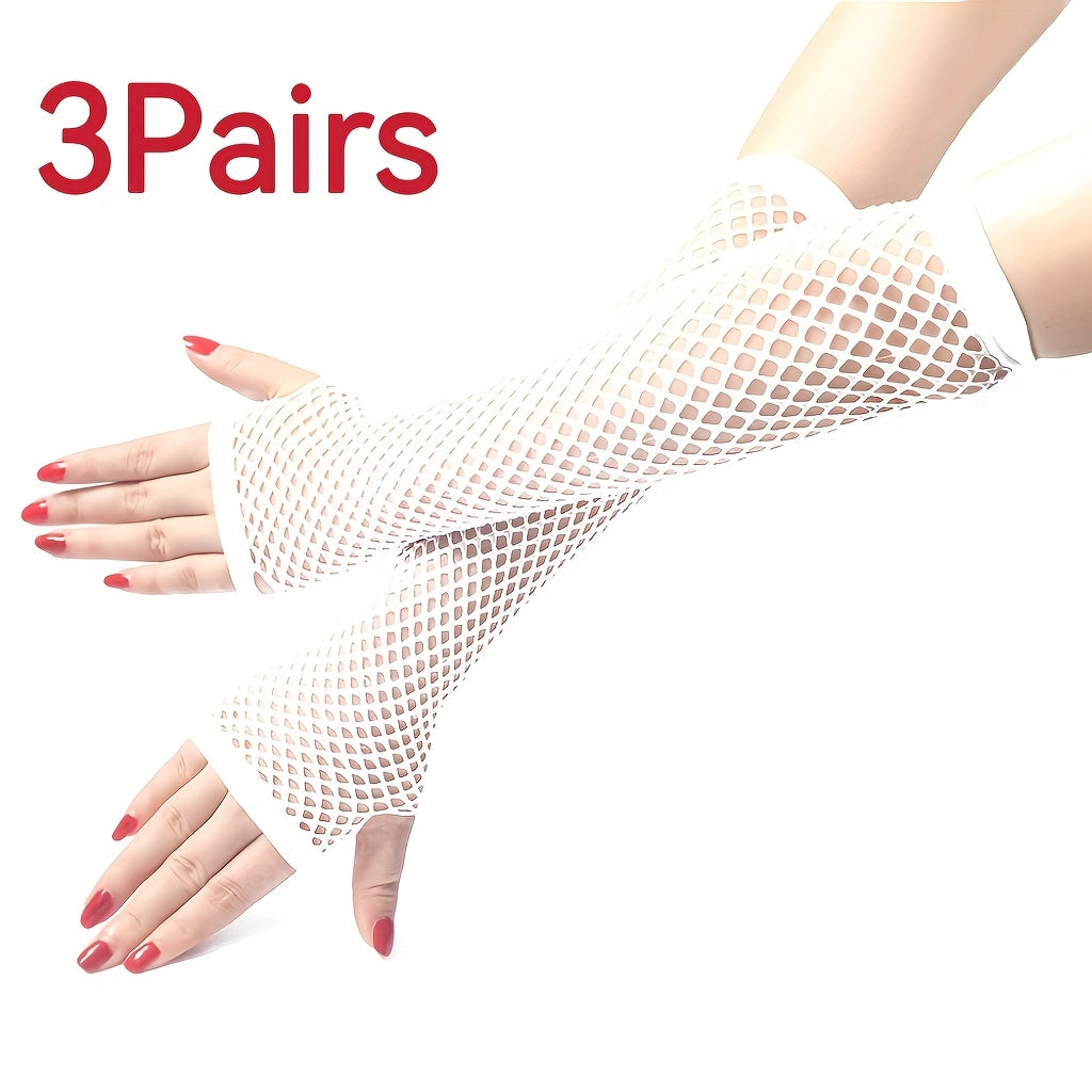 3 Pairs Fishnet Gloves Half Finger Medium Long for Cocktail & Stage Performances
