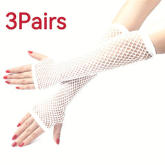 3 Pairs Fishnet Gloves Half Finger Medium Long for Cocktail & Stage Performances