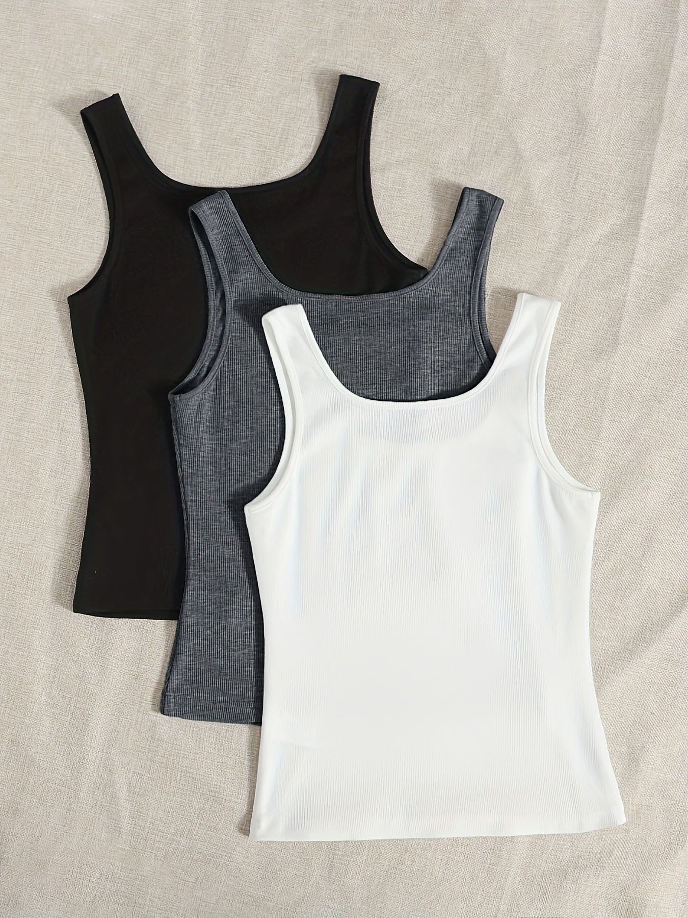 3 Pack Plus Size Basic Tank Top Set Women's Plus Solid Ribbed Round Neck