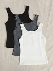 3 Pack Plus Size Basic Tank Top Set Women's Plus Solid Ribbed Round Neck