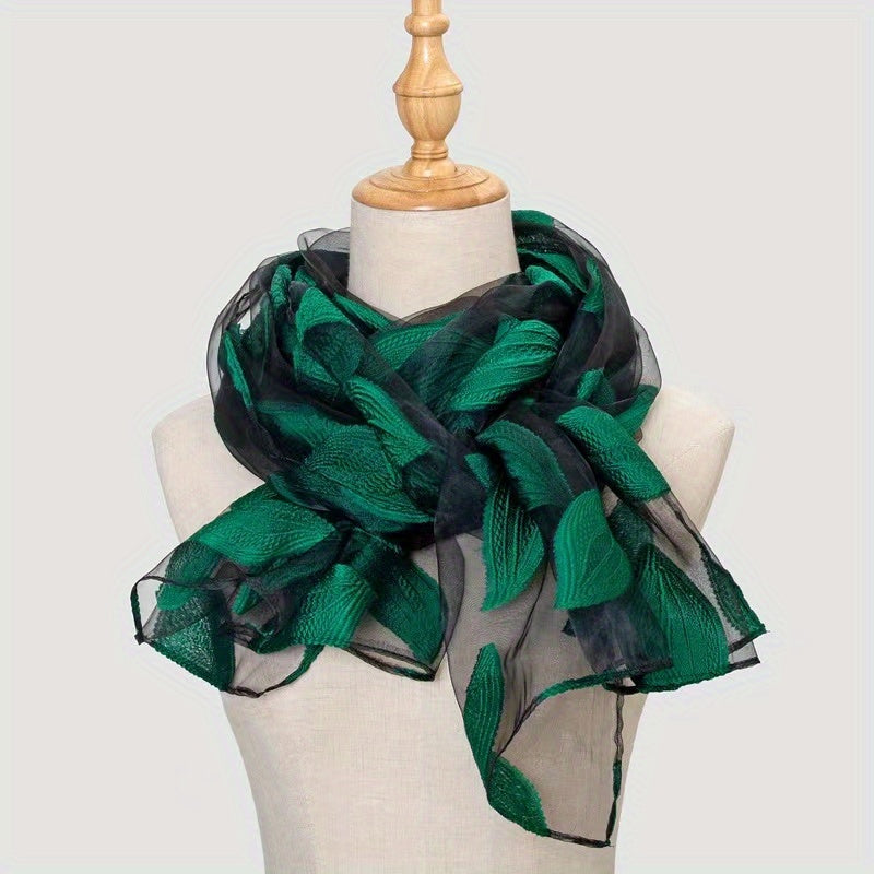 Leaf Embroidery Organza Scarf Vintage Thin Breathable Shawl Solid Head Wraps