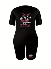  2 Piece Set Women's Plus Crown & Letter Print Tee & Shorts