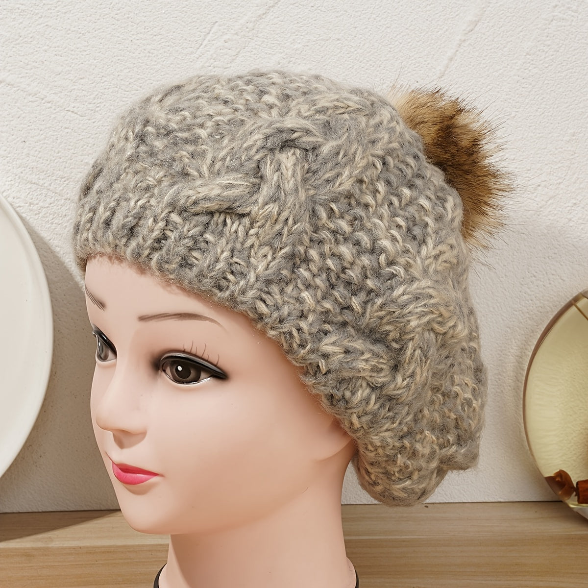 Women's Woolen Beanie Hat with Faux Fox Fur Pom Pom